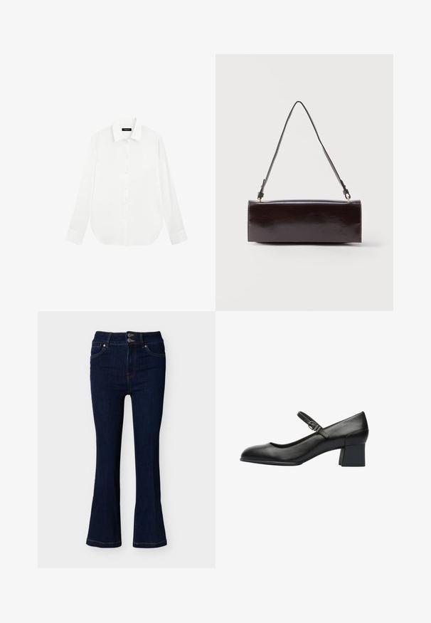 Chemise blanche à manches longues boutonnée, avec col pointu et poignets, présentée à plat sur un fond blanc.; Jean flare en denim bleu foncé avec fermeture à double bouton à la taille et poches avant, présenté sur un fond clair uni.; Chaussure en cuir noir de style Mary Jane avec un bout arrondi, une seule sangle ajustable et un petit talon carré. Texture lisse, détails minimaux.; Sac à main rectangulaire en cuir noir avec une longue bandoulière unique et une finition brillante, présenté sur un fond blanc uni.