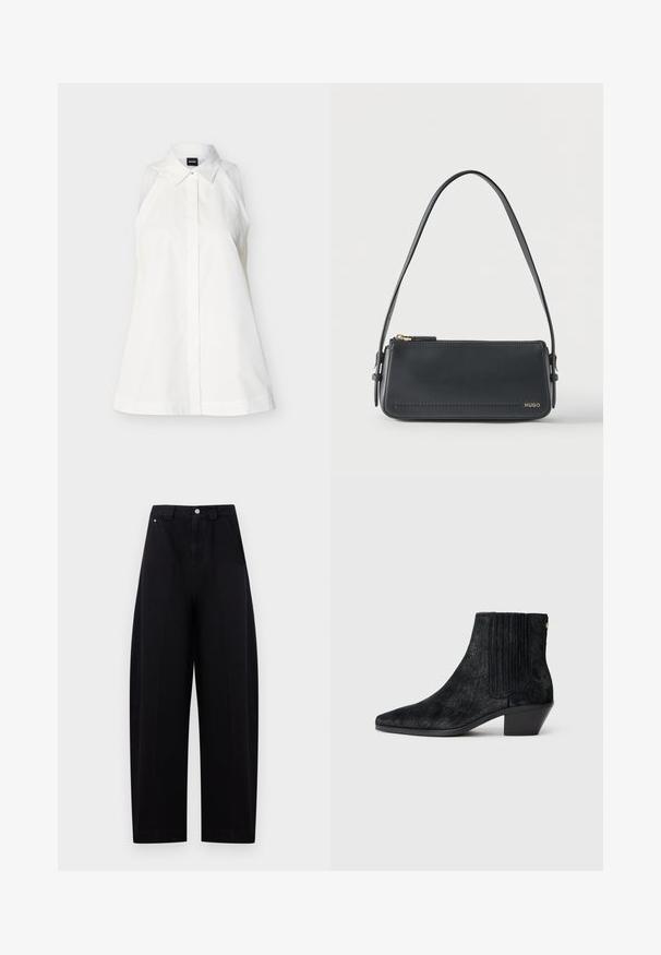 Chemise blanche sans manches avec col, boutons cachés sur le devant, coupe cintrée et étiquette de la marque à l'intérieur du col.; Pantalon noir taille haute à jambes larges avec fermeture par bouton et zip devant, avec poches latérales et passants de ceinture sur un fond clair.; Bottine noire à bout pointu, en matériau texturé imitant les cheveux, avec un panneau latéral à nervures et un petit talon carré. Un design simple et moderne.; Sac à bandoulière rectangulaire en cuir noir avec fermeture éclair dorée et petit logo "HUGO" doré sur le devant, doté d'une sangle réglable avec boucle.