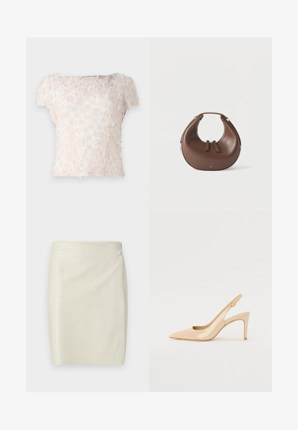 Top en dentelle beige clair, orné d'appliqués floraux sur le tissu, à manches courtes et à encolure arrondie. Design texturé et délicat.; Jupe crayon en similicuir couleur crème avec une couture diagonale et une fermeture boutonnée recouverte sur le dessus.; Escarpin slingback en cuir verni nude avec un bout pointu, un décolleté ouvert et un talon aiguille fin. Comprend un accent doré circulaire sur la sangle.; Sac à main en cuir marron en forme de croissant avec une poignée supérieure et deux curseurs de fermeture éclair, sur fond blanc.