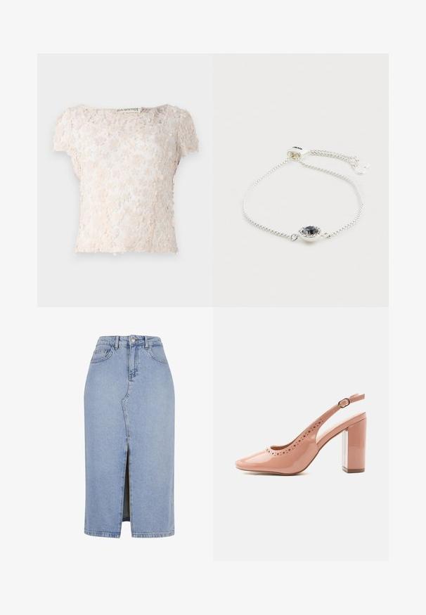 Blonde lace-top i lys beige, med blomsterapplikationer over stoffet, korte ærmer og rund halsudskæring. Tekstureret og delikat design.; Lyseblå denimnederdel med slids foran, høj talje og fem lomme-design. Har en metalknaplukning og synlige stikninger.; Skinnende, lyserød lak sko med slank hæl, perforerede detaljer og blokhæl, set fra siden på hvid baggrund.; Sølv justerbart armbånd med sort ovalt ædelsten omgivet af små klare krystaller på en delikat kæde.
