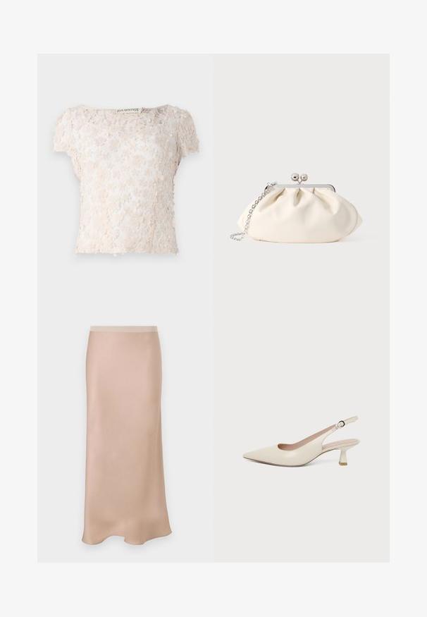 Top en dentelle beige clair, orné d'appliqués floraux sur le tissu, à manches courtes et à encolure arrondie. Design texturé et délicat.; Jupe midi en satin de couleur beige clair avec une texture lisse. Elle présente une taille ajustée et une coupe légèrement évasée, s'évasant doucement au niveau de l'ourlet.; Chaussure slingback couleur crème à bout pointu avec un petit talon bas incurvé et une bride réglable à boucle.; Pochette en tissu crème avec un design froncé, cadre en métal argenté, deux boules décoratives, et une bandoulière chaîne argentée.