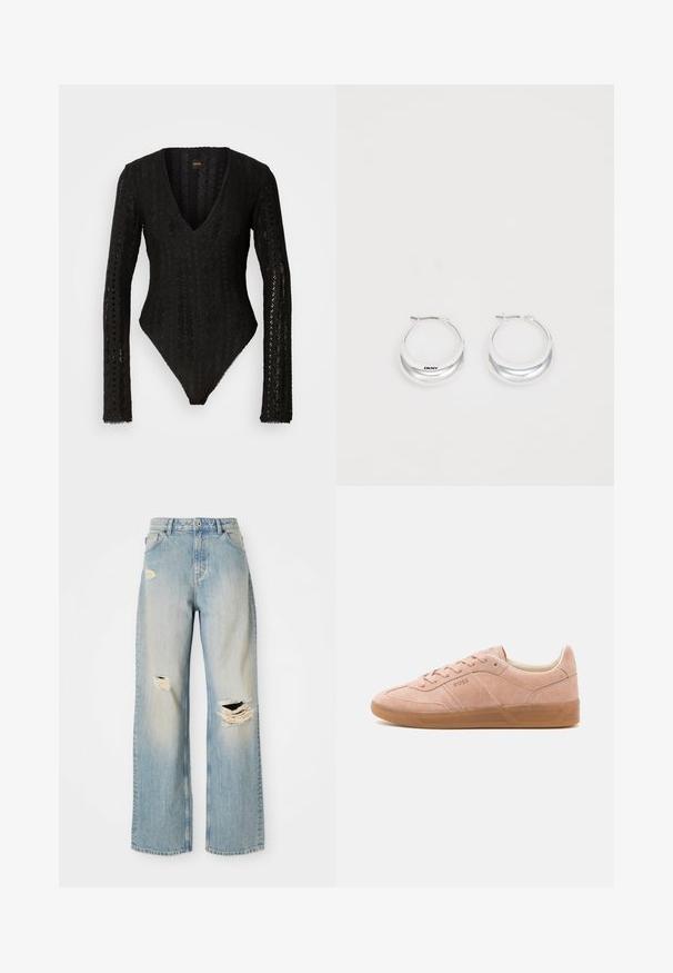 Zwarte body met lange mouwen, V-hals, textuur van kant en een slim fit. Bevat ingewikkelde details en gegolfde randen.; Lichtblauwe rechte spijkerbroek met hoge taille, riemlussen en versleten scheuren op de linker bovenbeen, rechterknie en onder linkerpijp.; Lichtroze suède sneakers met een rubberen zool, ronde neus en vetersluiting. Heeft minimale branding aan de zijkant en op de hiel.; Zilveren creolen met een gepolijste afwerking en DKNY-branding, weergegeven tegen een effen witte achtergrond.