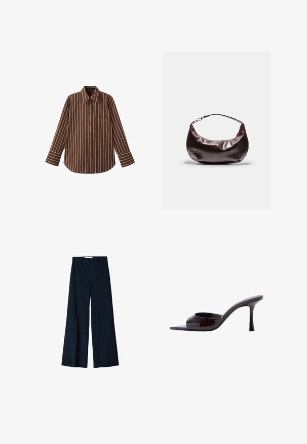 Chemise marron à manches longues avec boutons et rayures verticales blanches, dotée d'une poche poitrine, posée à plat sur un fond blanc.; Pantalons larges navy en tissu lisse, dotés de deux plis avant et d'une fermeture à un bouton à la taille.; Mule en cuir verni noir à bout ouvert avec un talon stiletto fin de hauteur moyenne et une bride supérieure basse.; Sac à bandoulière en cuir souple marron foncé avec une sangle courte et un détail de fermoir doré, posé sur un fond clair uni.