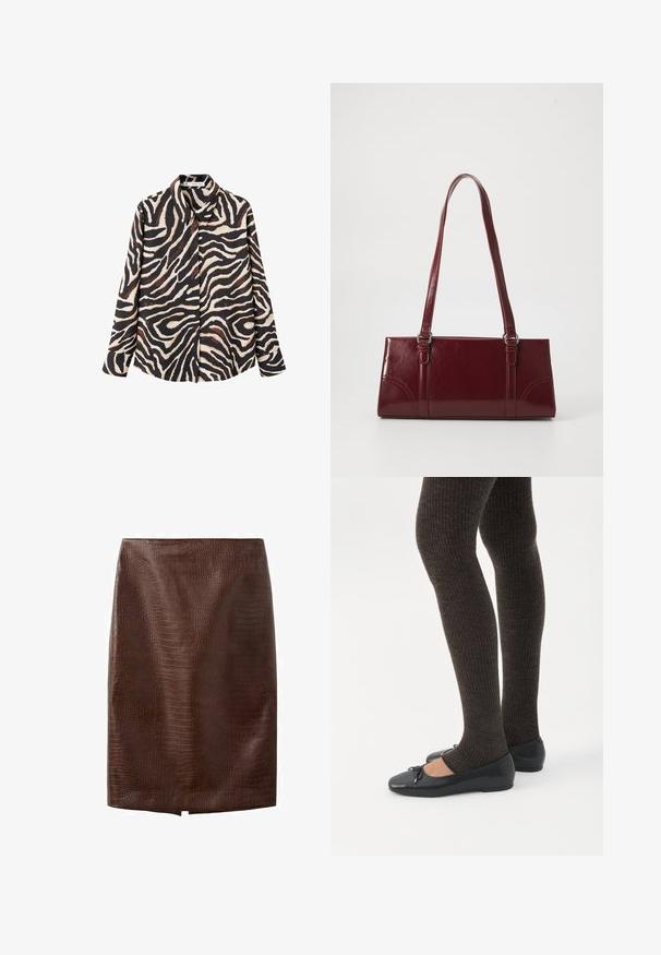 Chemise à manches longues présentant un imprimé zèbre aux tons noir, crème et marron. Fabriquée en tissu lisse avec un col classique et une fermeture à boutons.; Jupe crayon en cuir synthétique marron foncé façon crocodile avec une petite fente avant à l'ourlet, longueur genou, sans fermetures apparentes ni ornements.; Jambes portant des leggings côtelés foncés associés à des ballerines noires avec de petits détails en nœud sur fond blanc.; Sac à main bordeaux en matériau brillant, de forme rectangulaire, avec deux anses et des accents légèrement courbés à l'avant.