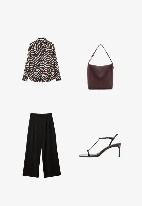 Chemise à manches longues présentant un imprimé zèbre aux tons noir, crème et marron. Fabriquée en tissu lisse avec un col classique et une fermeture à boutons.; Pantalon noir à jambes larges, taille haute, plis devant, passants pour ceinture et coupe décontractée.; Sandale à talon pour femme en cuir noir brillant, avec une fine lanière en T et une boucle de cheville ajustable, talon moyen mince.; Sac à main en cuir brun foncé avec une finition lisse, une bandoulière ajustable et un fermoir doré sur fond blanc.