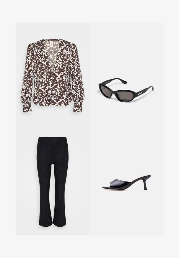Blouse à motifs brun et blanc avec un col en V, une fermeture à boutons à l'avant et des manches longues légèrement bouffantes. Tissu doux avec une texture lisse.; Pantalons évasés noirs avec de fines rayures verticales blanches et une taille élastique, présentés sur un fond blanc.; Mule à bout ouvert en cuir verni noir avec un petit talon fin et un design à enfiler sur un fond gris clair.; Lunettes de soleil noires avec une monture rectangulaire, des verres sombres, un matériau plastique lisse et un accent métallique sur la branche.