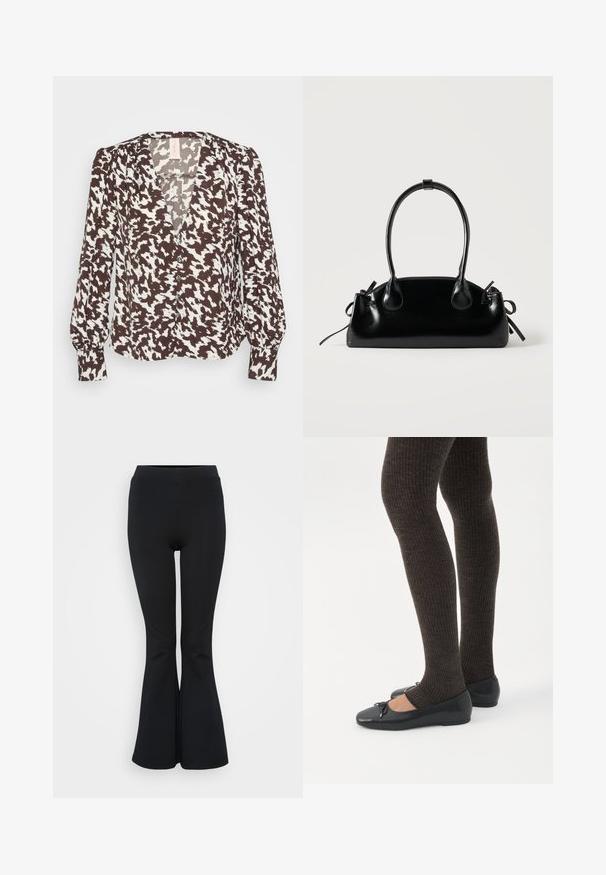 Brun og hvid mønstret bluse med V-udskæring, knaplukning foran og lange, let puffede ærmer. Blødt stof med en glat tekstur.; Sorte flare leggings lavet af strækbart materiale. Har en høj talje og en glat overflade. Slutter med en flared kant.; Ben iført mørke ribbede leggings kombineret med sorte balletsko med små sløjfedetaljer på hvid baggrund.; Lille sort blank håndtaske med to lange håndtag og snøre-detaljer i siden på en ensfarvet lys baggrund.