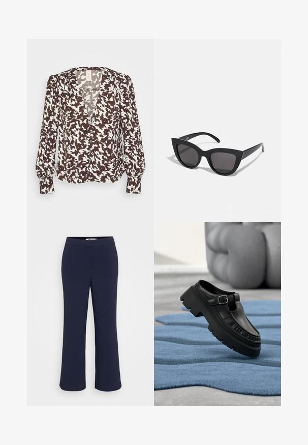 Blouse à motifs brun et blanc avec un col en V, une fermeture à boutons à l'avant et des manches longues légèrement bouffantes. Tissu doux avec une texture lisse.; Pantalons évasés bleu marine avec une finition en tissu lisse, dotés d'une taille plate et sans coutures ni ornements visibles.; Mocassin en cuir noir avec semelle crantée épaisse et boucle argentée, positionné en angle sur un tapis bleu texturé.; Lunettes de soleil noires en forme d'œil de chat avec une finition mate, dotées de verres teintés gris, d'angles aigus et de branches élégantes. Nom de la marque visible sur la branche intérieure.