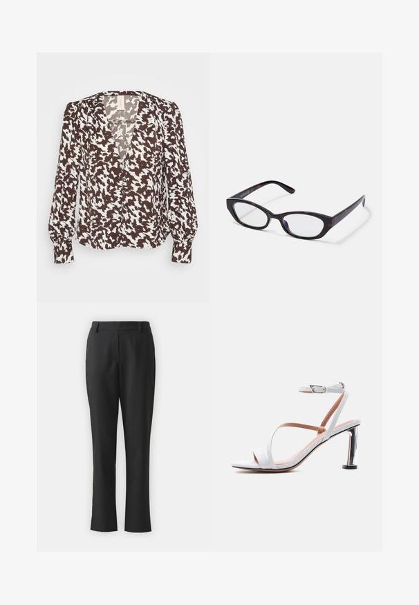 Blouse à motifs brun et blanc avec un col en V, une fermeture à boutons à l'avant et des manches longues légèrement bouffantes. Tissu doux avec une texture lisse.; Pantalons noirs ajustés avec une coupe droite, fabriqués dans un tissu lisse. Présente une taille et deux poches latérales. Sans embellissements.; Sandale blanche scintillante à brides avec une boucle à la cheville et un talon bloc argenté brillant, vue de profil sur fond blanc.; Lunettes de style œil de chat avec une monture en plastique écaille de tortue foncée et brillante, avec des branches courbées et des verres transparents. Marquage minimal sur le côté.
