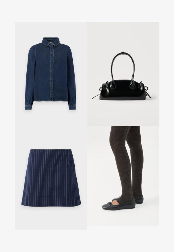Donkerblauwe denimshirt met een klassieke kraag, knopen aan de voorkant en lange mouwen met gathered cuffs. Heeft contrasterende stiksels overal.; Marinablauwe rok met dunne witte verticale streepjes en een rechte, boven de knie gesneden pasvorm, weergegeven tegen een effen witte achtergrond.; Benen met donkere geribbelde leggings gecombineerd met zwarte ballerina's met kleine strikdetails op een witte achtergrond.; Kleine zwarte glanzende handtas met twee lange hengsels en zijkant trekkoord details op een effen lichte achtergrond.