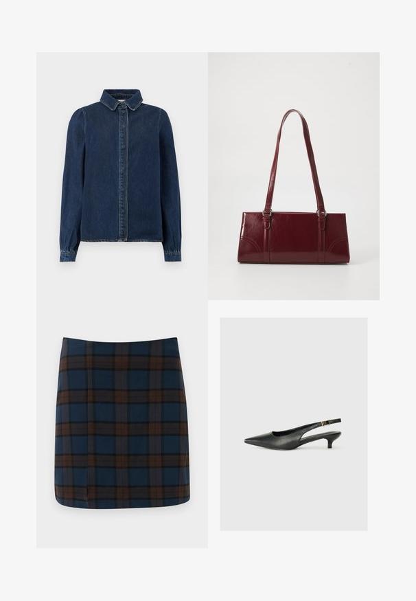 Mørkeblå denimskjorte med klassisk krave, frontknapper og lange ærmer med samlede manchetter. Har kontraststing overalt.; Marineblåternet mini nederdel med brune og grå striber, lavet af et glat stof, med en diskret slids bagpå for let bevægelse.; Sorte spidse slingback-sko lavet af glat læder. Har en tynd hæl og en spænde detalje på den justerbare rem.; Bordeaux håndtaske lavet af glansfuldt materiale, rektangulær form, med to skulderremme og subtile buede detaljer på forsiden.