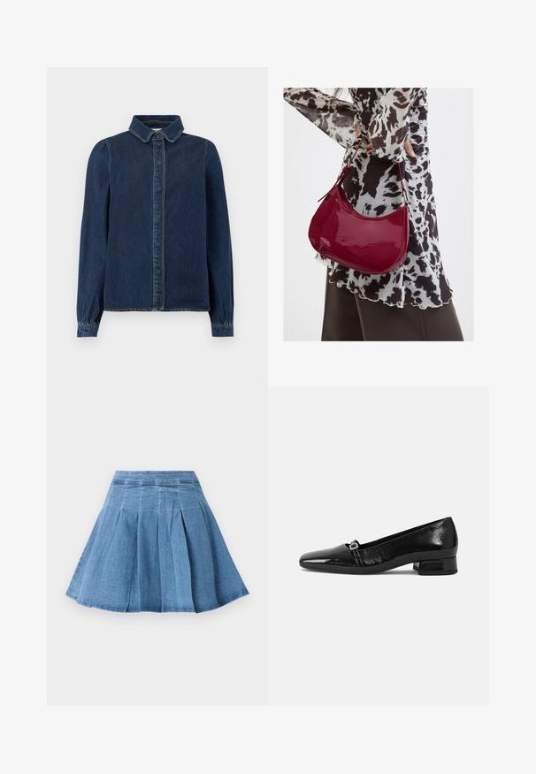 Camisa de mezclilla azul oscura con un cuello clásico, botones en la parte delantera y mangas largas con puños con frunces. Presenta costuras en contraste en todo su diseño.; Falda de mezclilla plisada en azul claro con una cintura ajustada, que se ensancha en el dobladillo, con sutiles detalles de costura y una textura suave.; Bailarinas de charol negro con punta afilada, tacón cuadrado bajo y un pequeño detalle de hebilla metálica en la correa. Textura suave.; Mujer con blusa de estampado en blanco y negro sosteniendo un bolso de hombro rojo brillante sobre un fondo liso.