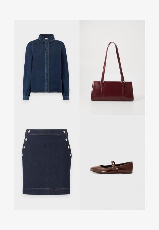 Donkerblauwe denimshirt met een klassieke kraag, knopen aan de voorkant en lange mouwen met gathered cuffs. Heeft contrasterende stiksels overal.; Donkerblauwe denim minirok met zes zilveren drukknoopjes, drie aan elke kant, en zichtbaar lichtbruine stiksels bij de taille en zoom.; Bruine gepatineerde leren balletschoen met een vierkante neus en een bandje met een kleine gouden gesp. Gladde textuur, lage hak en minimalistisch ontwerp.; Bourgondische handtas van glanzend materiaal, rechthoekige vorm, met twee schouderbanden en subtiele gebogen accenten aan de voorkant.