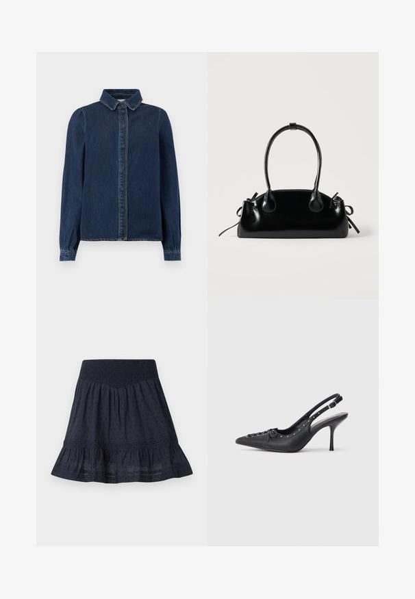Donkerblauwe denimshirt met een klassieke kraag, knopen aan de voorkant en lange mouwen met gathered cuffs. Heeft contrasterende stiksels overal.; Marineblauwe knielange rok met elastische geplooide tailleband, subtiel gestippeld patroon en gerimpelde zoom.; Zwarte leren slingback stiletto met spitse neus, zijgesp met gesp, studs langs de rand en decoratieve veters aan de voorkant.; Kleine zwarte glanzende handtas met twee lange hengsels en zijkant trekkoord details op een effen lichte achtergrond.