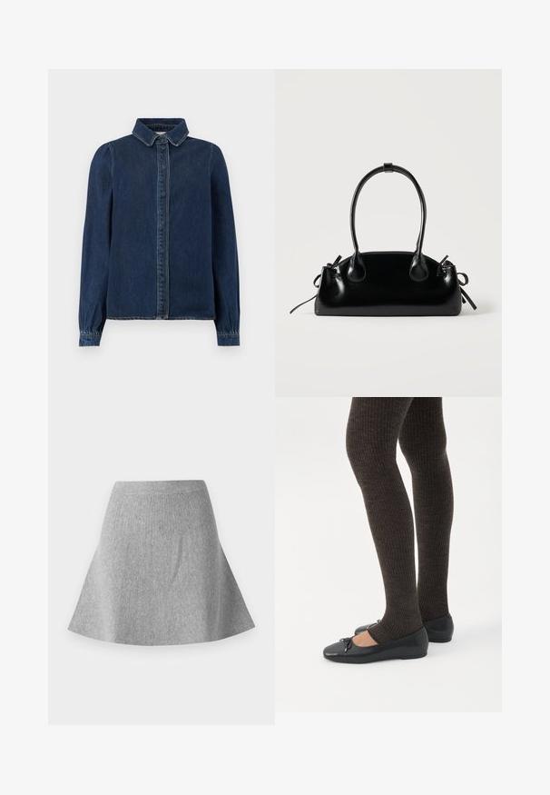 Donkerblauwe denimshirt met een klassieke kraag, knopen aan de voorkant en lange mouwen met gathered cuffs. Heeft contrasterende stiksels overal.; Grijze, gebreide flared rok met een gestructureerde afwerking. Heeft een tailleband en een gladde silhoeet, die naar de zoom toe taps toeloopt.; Benen met donkere geribbelde leggings gecombineerd met zwarte ballerina's met kleine strikdetails op een witte achtergrond.; Kleine zwarte glanzende handtas met twee lange hengsels en zijkant trekkoord details op een effen lichte achtergrond.