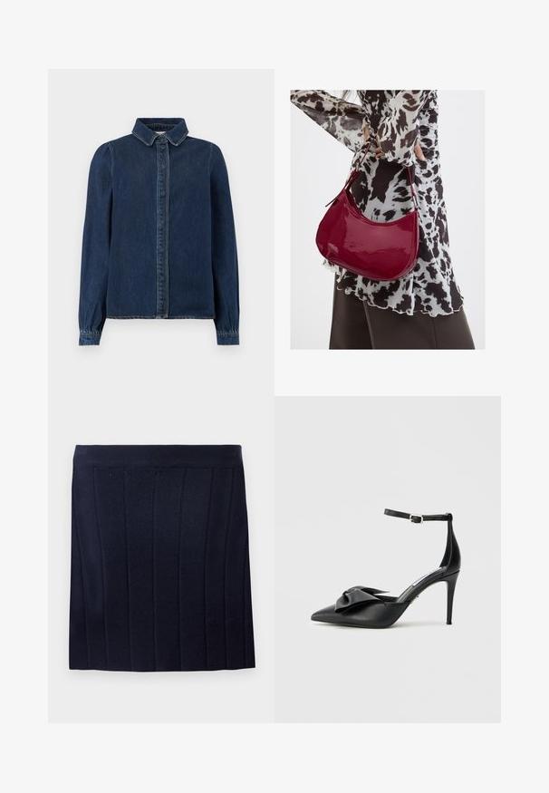 Donkerblauwe denimshirt met een klassieke kraag, knopen aan de voorkant en lange mouwen met gathered cuffs. Heeft contrasterende stiksels overal.; Object OBJTHESS - Minirok - sky captain; Zwarte hoge hak schoen met een spitse neus, satijnen strikaccent en een verstelbare enkelriem met zilverkleurige metalen details. Gladde leren textuur.; Vrouw met een zwart-wit gebloemde blouse houdt een glanzende rode schoudertas vast tegen een effen achtergrond.