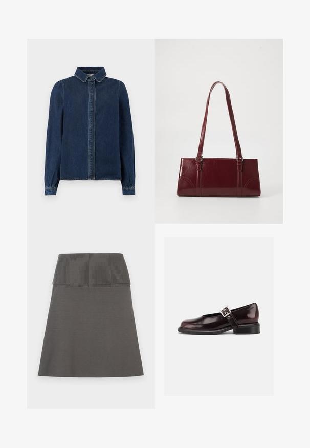Mørkeblå denimskjorte med klassisk krave, frontknapper og lange ærmer med samlede manchetter. Har kontraststing overalt.; Mørkegrå nederdel med en bred, ribbet elastisk linning og en let A-form på en hvid baggrund.; En enkelt blank mørk burgunder Mary Jane sko med bred rem og sølvspænde, lav blokhæle og rundet tå på hvid baggrund.; Bordeaux håndtaske lavet af glansfuldt materiale, rektangulær form, med to skulderremme og subtile buede detaljer på forsiden.