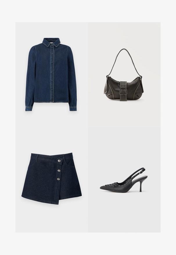 Donkerblauwe denimshirt met een klassieke kraag, knopen aan de voorkant en lange mouwen met gathered cuffs. Heeft contrasterende stiksels overal.; Donkerblauwe denim minirok met asymmetrische voorkant, zilverkleurige knoopsluitingen, riemlussen en steekzakken vooraan op effen achtergrond.; Zwarte leren slingback stiletto met spitse neus, zijgesp met gesp, studs langs de rand en decoratieve veters aan de voorkant.; Zwarte leren schoudertas met gespsluiting aan de riem, afgeronde hoeken en contrasterende witte stiksels op een effen achtergrond.