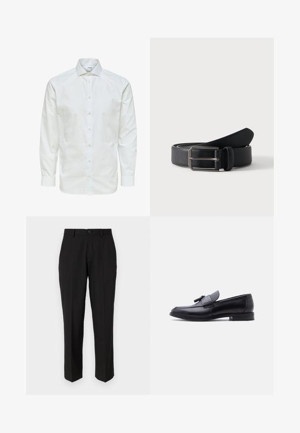 Camisa blanca de vestir de manga larga con botones en la parte delantera y cuello puntiagudo, mostrada sobre un fondo blanco.; Pantalones negros de tela suave, con un diseño de pierna recta, bolsillos delanteros, un cierre de botón y sin patrones visibles.; Mocasín de cuero negro con panel de tela gris texturizada y detalle de borlas, tacón bajo y punta redondeada, mostrado de perfil sobre fondo blanco.; Cinturón de cuero negro enrollado con hebilla rectangular de metal plateado sobre un fondo claro y sencillo.