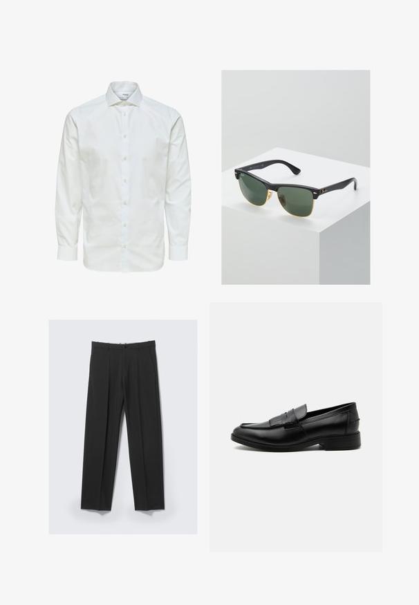 Wit overhemd met lange mouwen, knoopsluiting aan de voorkant en puntige kraag, afgebeeld tegen een witte achtergrond.; Zwarte op maat gemaakte broek met plooien aan de voorkant, zijzakken, riemlussen en knoopsluiting in de tailleband op een lichte achtergrond.; Zwarte leren herensloffen met kwastdetail, afgeronde neus, lage hak en glad gepolijst oppervlak, zij-aanzicht op een witte achtergrond.; Ray-Ban zonnebrillen met groene lenzen, zwarte plastic monturen en gouden accenten aan de randen. Vierkante vorm met een matte afwerking.