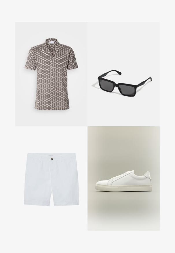 Camisa de manga corta con fondo marrón y patrón circular blanco. Diseño con botones, cuello de solapa, fabricada en tejido ligero.; Pantalones cortos de algodón blancos con cierre de botón delantero, dos bolsillos laterales y un corte recto. Etiqueta de marca "Pier One" en la cintura.; Zapatilla blanca de perfil bajo con cordones en la parte delantera y suela gruesa, mostrada de lado sobre un fondo neutro.; Gafas de sol negras con lentes rectangulares, acabado mate, montura gruesa y brazos delgados con un discreto detalle de marca.