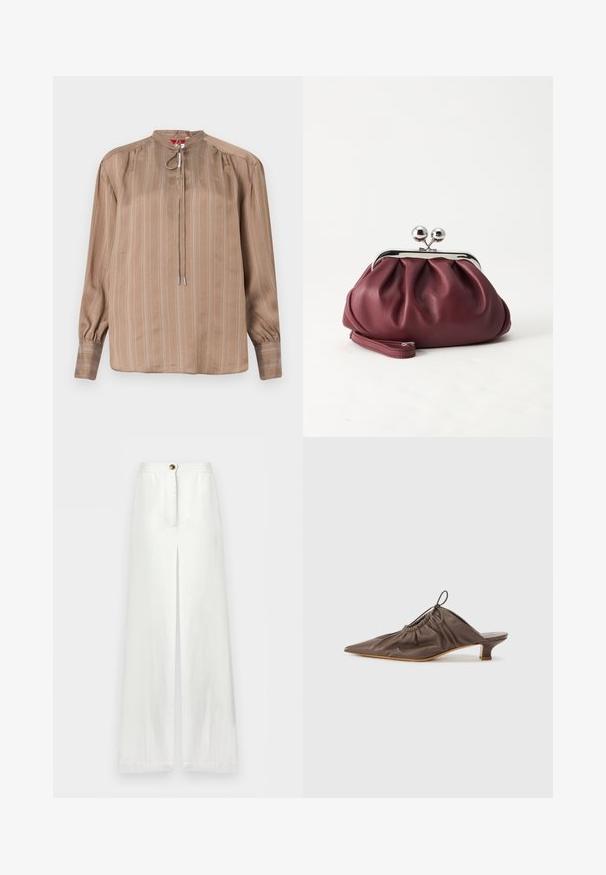 Blouse beige à manches longues avec fines rayures verticales, épaules froncées, col montant avec lien à nouer et poignets boutonnés.; Pantalon blanc taille haute à jambes larges avec fente avant, fermeture par bouton et un design épuré et minimaliste.; Mule en cuir marron avec un bout pointu, texture froncée, petit talon et un accent de cordon de serrage à l'ouverture. Fini lisse.; Petit sac pochette en cuir bordeaux avec fermoir métallique argenté et bracelet sur fond blanc.
