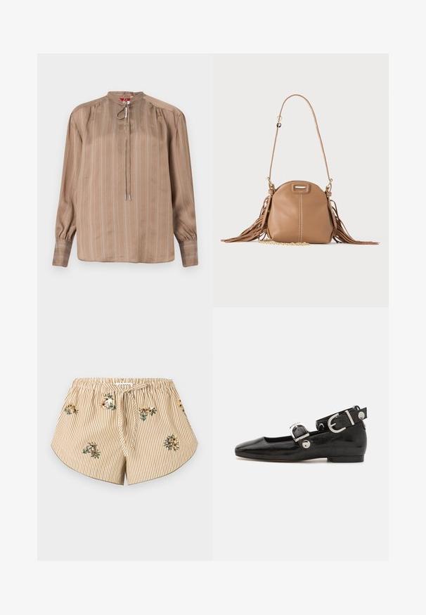 Blouse beige à manches longues avec fines rayures verticales, épaules froncées, col montant avec lien à nouer et poignets boutonnés.; Shorts rayés beige et blanc avec une ceinture élastique, un lien à l'avant, un ourlet incurvé et de petites broderies florales dispersées sur le tissu.; Ballerine en cuir verni noir avec un bout carré, sangle de cheville avec des détails en métal argenté et semelle plate. Texture lisse avec un design minimaliste.; Petit sac à bandoulière en cuir fauve avec longue bandoulière, détail chaîne dorée et franges des deux côtés sur un fond neutre.