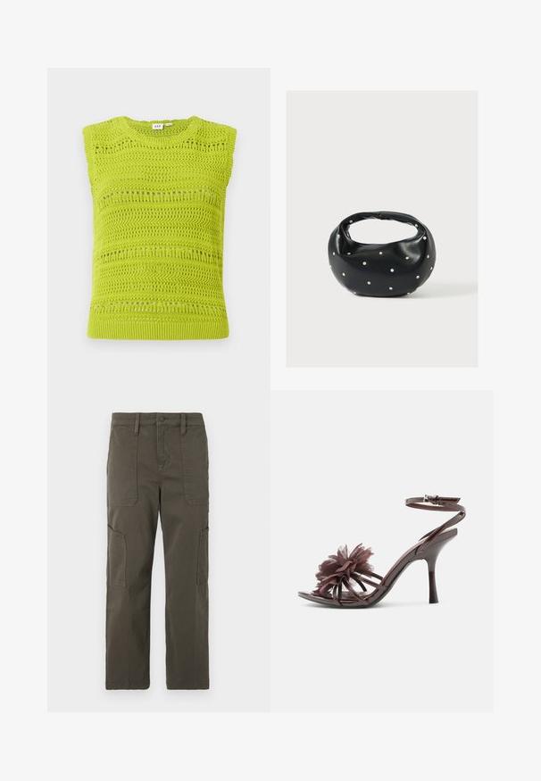 Top sin mangas de punto en un brillante verde lima con patrones texturizados y detalles de calados. Presenta un escote redondo y un dobladillo acanalado.; Good American CROPPED PANTS - Pantalones cargo - fatigue; Sandalia de tacón alto de charol marrón con tira en el tobillo y gran flor de tela en las tiras delanteras.; Bolso de mano de cuero negro con forma redondeada, decorado con detalles de tachuelas plateadas y un asa corta. Textura lisa y cierre con cremallera.