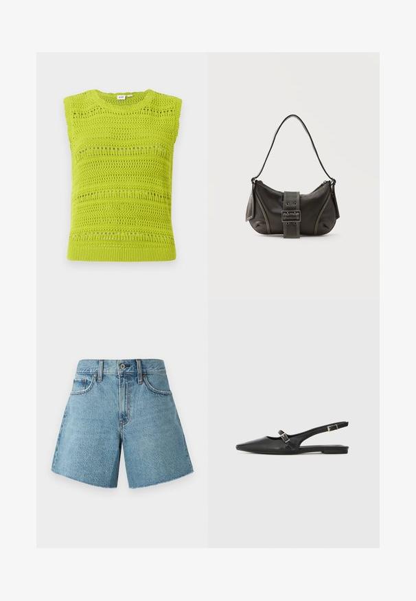 Ärmelloses Strickoberteil in leuchtendem Limettengrün mit strukturierten Mustern und Lochmuster-Details. Verfügt über einen runden Halsausschnitt und ein geripptes Bündchen.; Jeansshorts in hellblau, mit hohem Bund, fünf Taschen und rohem Saum. Hergestellt aus strukturiertem Baumwollstoff mit klassischem Design.; Schwarze Slingback-Schuhe aus Leder mit spitzer Zehenpartie, schmalem Riemen und silberner Schnallenverzierung an der Seite. Flache Sohle.; Schwarze Leder-Schultertasche mit Schnallengurt-Detail, abgerundeten Kanten und kontrastierenden weißen Nähten auf schlichtem Hintergrund.