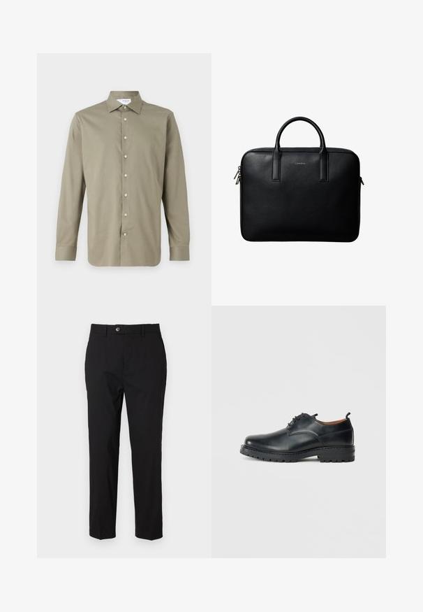 Chemise à manches longues en olive. Devant à boutons avec des boutons de couleur claire. Texture douce et coupe ajustée avec un col classique.; Pantalons noirs en tissu lisse, avec une fermeture à bouton, des passants de ceinture et deux poches latérales. Design à jambe droite avec un minimum de détails.; Chaussures derby en cuir noir avec une texture lisse, bout rond, design à lacets et une semelle en caoutchouc épaisse et robuste.; Mallette en cuir noir texturé avec double poignées et tirettes de fermeture éclair argentées, centrée sur fond blanc.