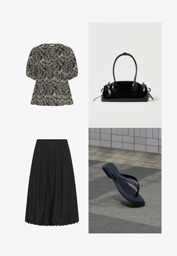 Culture CUBroderie - Pluus - black whitecap; Must must-kõrgune seelik voldikute ja lainelise äärega.; Mustad kaunistatud rihmadega plätu, mis ripub asfaldist kõnnitee kohal plaaditud seina ääres.; Väike must läikiv käekott kahe pika sangaga ja külgedel paelakinnitustega, ühel lihtsal helel taustal.