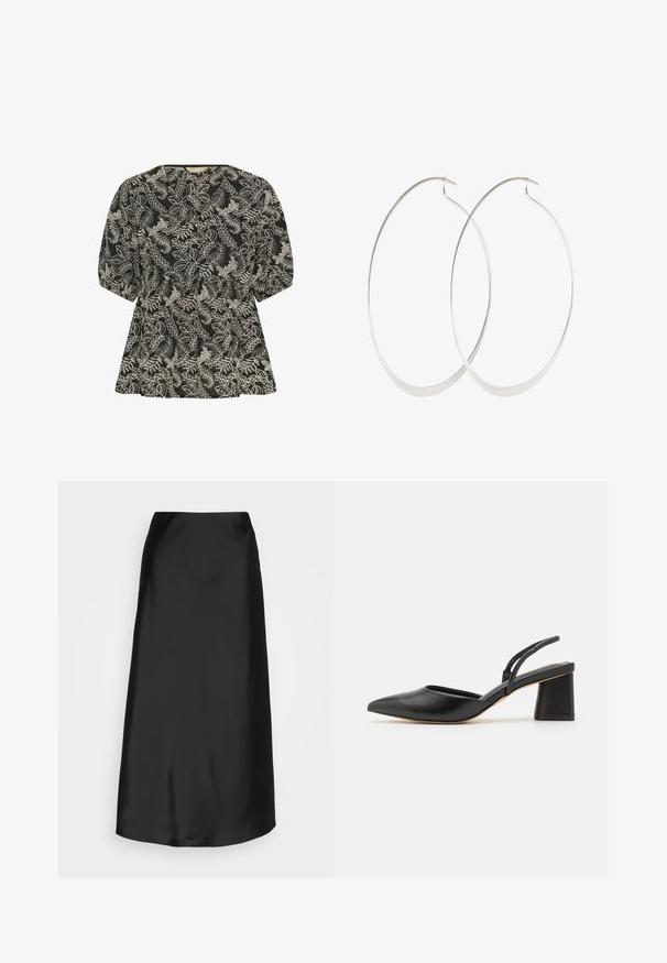 Culture CUBroderie - Bluse - black whitecap; Schwarzer Satin-Midi-Rock mit glatter Textur, A-Linien-Form und dezentem Glanz. Verfügt über ein elegantes, unkompliziertes Design ohne Verzierungen.; Schwarzer Slingback-Schuh aus Leder mit spitzer Zehe, niedrigem Blockabsatz und minimalistischem Design mit dünnen Riemen und glatter Textur.; Silberne Creolen mit einem dünnen, glatten Design; länglich-ovale Form; polierte Oberfläche; ausgestattet mit einem sicheren Hakenverschluss.