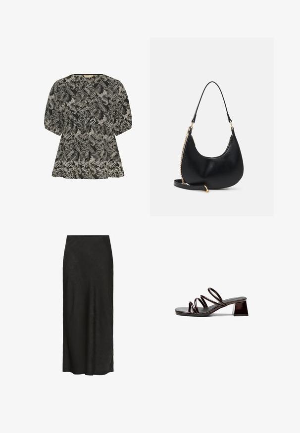 Blouse noire à manches courtes avec motif floral feuillu brodé blanc, encolure ronde et détail froncé à la taille.; Jupe noire, longue jusqu'au sol, en tissu texturé. Dotée d'une taille lisse, d'un léger drapé et d'un design minimal sans détails supplémentaires.; Sandale à talons ouverts en vernis bordeaux foncé, dotée de trois fines lanières et d'un talon carré. Surface lisse, design minimal.; Sac à main noir en forme de croissant avec une poignée courte, un détail de chaîne dorée sur un côté et une bandoulière longue amovible.