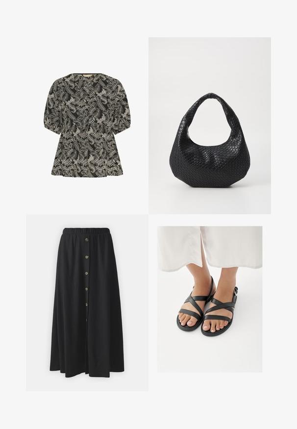 Culture CUBroderie - Bluse - black whitecap; Sort maxi nederdel med elastisk talje, der har en frontknaplukning, lavet af blødt stof med en glat tekstur og uden mønstre.; Fødder iført sorte sandaler med stropper og ankelspænder, kombineret med et hvidt tøjstykke, der slutter over anklerne, på en hvid baggrund.; Sort flettet håndtaske med et buet håndtag, der har en struktureret overflade og en afslappet form. Glat finish med en organisk silhuet.