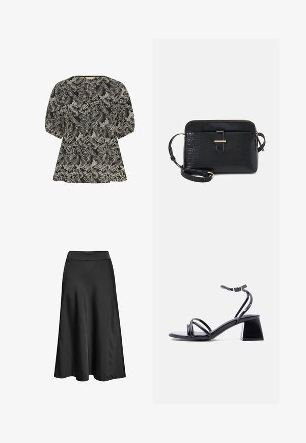 Culture CUBroderie - Bluse - black whitecap; Schwarzer Satin-Midirock mit hohem Bund, ausgestellter Silhouette und glatter Oberfläche, auf weißem Hintergrund dargestellt.; Schwarze, offene Sandale mit Riemchen, Knöchelriemen mit Schnalle und Blockabsatz, seitlich auf hellem, neutralem Hintergrund gezeigt.; Schwarze Tasche aus Krokodilprägung mit goldfarbenen Hardware-Akzenten. Verfügt über einen Reißverschluss oben und einen abnehmbaren Schultergurt.