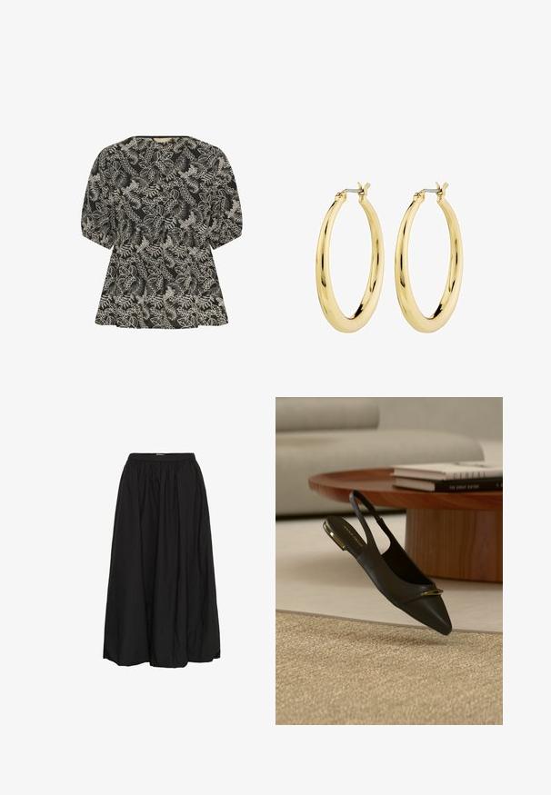 Culture CUBroderie - Bluse - black whitecap; Sort lang nederdel med elastisk, samlet taljebånd og en løs, flydende silhuet.; Sort læder flad slingback-sko med spids tå og gulddetalje på tåen og hælen, placeret nær rundt træ kaffebord og beige tæppe.; Gul hoops øreringe med en glat, skinnende overflade og en cirkulær form. Har en simpel lukningsmekanisme. Ingen yderligere udsmykninger.