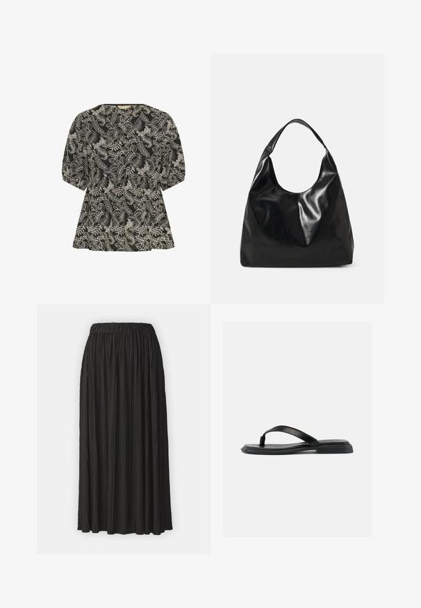 Culture CUBroderie - Bluse - black whitecap; Sort plisseret midi-nederdel med elastisk talje, der har en glat overflade og lodrette folder i hele stoffet.; Sort flad thong-sandal med tekstureret rem og let forhøjet hæl, vist i sideprofil mod en ensartet lys baggrund.; Sort læder hobo taske med en blød, skinnende tekstur og en rund, åben top. Har en bred, buet strop til bæring. Ingen synlig hardware.