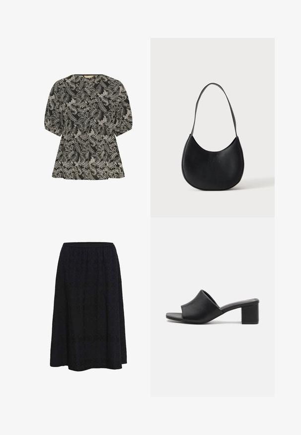 Blouse noire à manches courtes avec motif floral feuillu brodé blanc, encolure ronde et détail froncé à la taille.; Jupe noire longueur genou en ligne A avec texture florale subtile et taille élastique sur fond blanc.; Mules à talons carrés en cuir noir avec un bout ouvert, présentant une surface lisse et un upper légèrement courbé pour le confort et le style.; Sac à épaule en cuir noir en forme de croissant avec une bandoulière unique et un nom de marque discrètement embossé sur un fond clair uni.