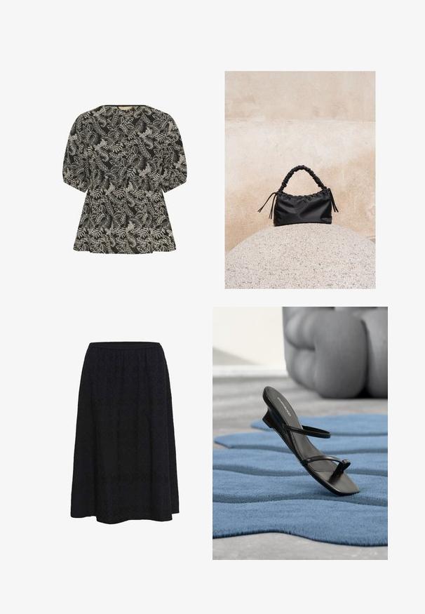 Culture CUBroderie - Bluse - black whitecap; Sort knælængde A-formet nederdel med subtil blomsterstruktur og elastisk talje på hvid baggrund.; Sort sandal med remme og tå-loop vist på et blåt tekstureret tæppe, med en stor grå dekorativ genstand sløret i baggrunden.; Sort håndtaske med rynkede detaljer og et samlet håndtag, hvilende på en tekstureret stensfære mod en beige betonvæg.