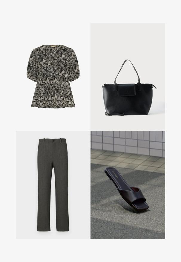 Culture CUBroderie - Bluse - black whitecap; Graue Hose mit glatter Textur, geradem Bein und dezentem Karierverschluss. Verfügt über einen Knopfverschluss und Gürtelschlaufen.; Dunkelbraune offene Sandale mit quadratischer Spitze und breitem Riemen, liegend auf grauem Asphalt neben gefliestem Bürgersteig.; Schwarze Ledertasche mit zwei Griffen, abnehmbarem Riemen, magnetischer Klappe und glatter Textur. Reißverschluss oben und dekorative Naht.