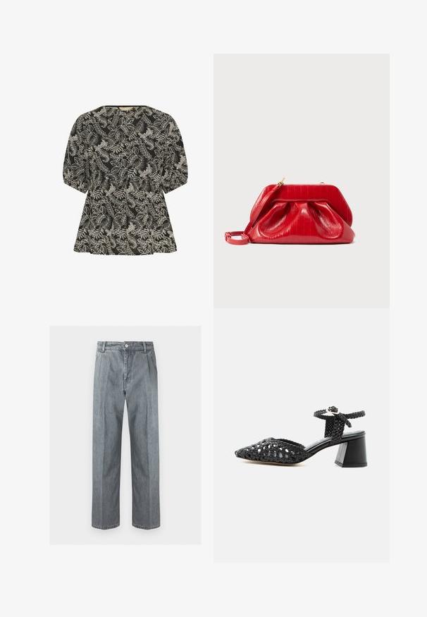 Culture CUBroderie - Bluse - black whitecap; Hellgraue Jeans mit geradem Bein, Gürtelschlaufen, vorderem Knopfverschluss, Reißverschluss und Seitentaschen.; Schwarzer gewebter Lederschuh mit niedrigem Blockabsatz, spitzer Schuhspitze und Knöchelriemen mit silberner Schnalle vor weißem Hintergrund.; Rote Leder-Clutch mit goldfarbenem Verschluss, gerafften Details und einem dünnen, befestigten Riemen auf hellem Hintergrund.