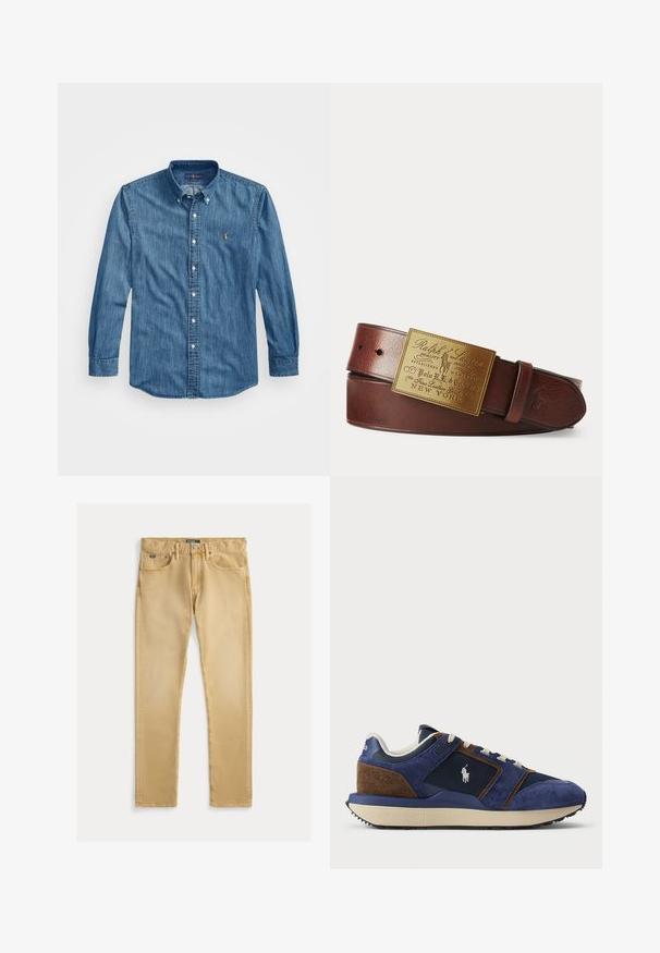Button-up denimskjorte i middelblå med spids krave, lange ærmer og et lille broderet logo på brystet. Blød tekstur.; Beige bomuldsjeans med slim fit, fem-lommes design og synlig syning. Har en metal knap og label på taljen.; Marineblå ruskind og mesh sneakers med lysere accenter, beige gummisål og hvide snørebånd; har et logo på siden.; Brunt læderbælte med en stor guld rektangulær spænde graveret med Ralph Lauren-logo og tekst.