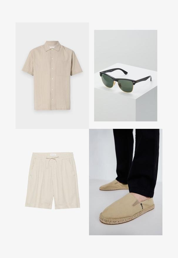 Korte mouwen overhemd in lichtbeige stof met een gestructureerd patroon, knoopsluiting en een opgestikte zak op de linkerborst. Klassiek kraagontwerp.; Beige linnen shorts met een elastische tailleband, trekkoord en zijzakken. Ontspannen pasvorm met een rechte pijp en omgeslagen zoom.; Beige canvas instapschoenen met elastische inzet, jute touwzool en contrasterende stiksels. Draag ze met zwart taps toelopende broek.; Ray-Ban zonnebrillen met groene lenzen, zwarte plastic monturen en gouden accenten aan de randen. Vierkante vorm met een matte afwerking.