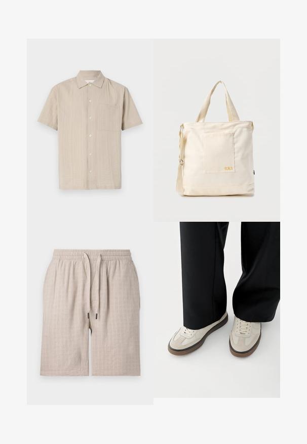 Camisa de manga corta en tejido beige claro con un patrón texturizado, cierre de botones y bolsillo de parche en el lado izquierdo del pecho. Diseño de cuello clásico.; Pantalones cortos beige texturizados con cintura elástica y cordón ajustable. Presentan un sutil patrón a cuadros y un ajuste holgado. No se ven bolsillos.; Pies con zapatillas beige con suelas marrones y pantalones negros de pierna ancha sobre un fondo blanco.; Bolsa tote de lona color crema con bolsillo delantero, dos asas, correa de hombro ajustable y pequeño texto amarillo "O.N.S" en la parte inferior derecha del bolsillo.