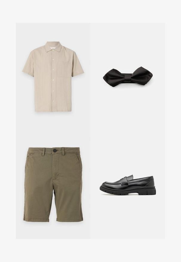 Chemise à manches courtes en tissu beige clair avec un motif texturé, fermeture à boutons et poche appliquée sur la poitrine gauche. Design de col classique.; Shorts vert olive en tissu mélangé coton, avec une fermeture à bouton, des poches avant et un bas ourlé avec des détails de couture subtils.; Mocassin en cuir noir avec une large sangle sur le devant, semelle en caoutchouc à épaisse rainure, et texture lisse. Design classique et élégant.; Nœud papillon en satin noir avec une texture lisse et un nœud central, présentant de grandes extrémités arrondies qui s'effilent au centre.