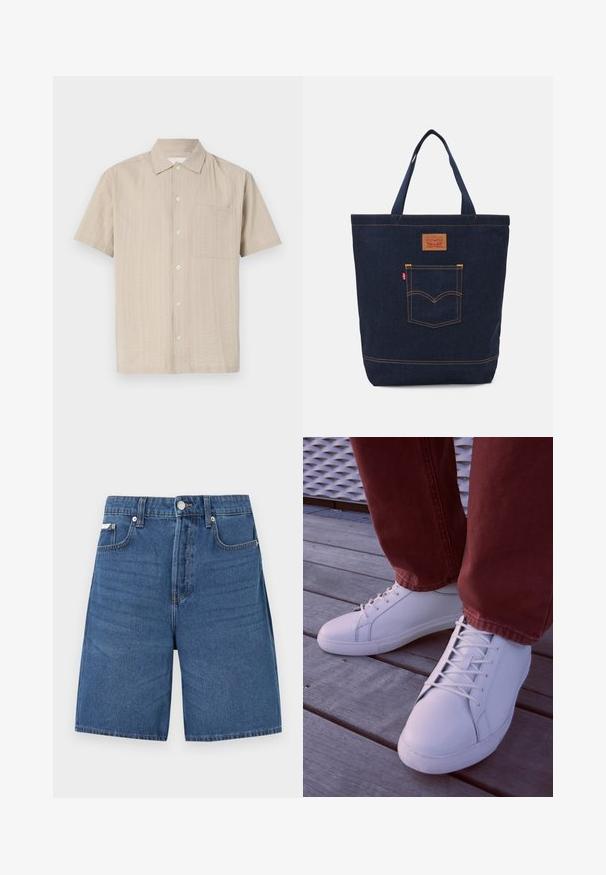 Kortærmet skjorte i lyse beige stof med et struktureret mønster, knaplukning og brystlomme på venstre side. Klassisk kravedesign.; Lyseblå denimshorts med lynlås foran, knaplukning, bæltestropper og fem lommer, vist mod en ensfarvet hvid baggrund.; Hvide lavtop sneakers med en glat læderoverflade, der har tonede snørebånd og en gummisål, parret med røde bukser i struktureret stof.; Mørkeblå denim tote bag med to håndtag, synlige sømme og en frontlomme med et klassisk logo-patch.