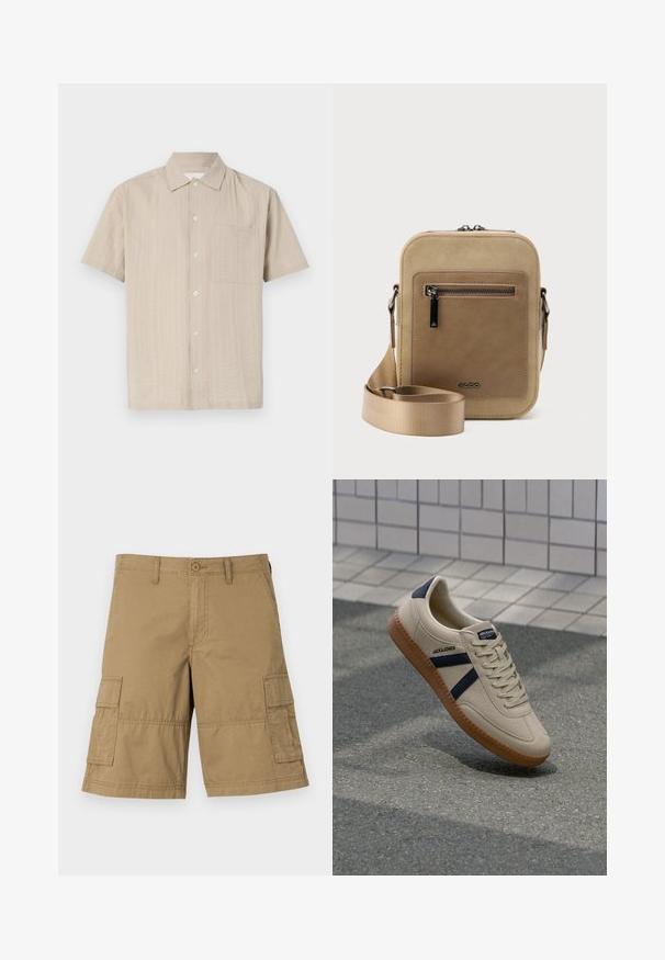 Korte mouwen overhemd in lichtbeige stof met een gestructureerd patroon, knoopsluiting en een opgestikte zak op de linkerborst. Klassiek kraagontwerp.; Kango shorts van khaki stof met een rechte snit, voorzien van twee zijzakken en een knoopsluiting in de taille. Soepele textuur overal.; Beige sneaker met een textuurafwerking, marineblauwe strepen en een rubberen zool. Heeft een gevoerde tong en een traditioneel vetersysteem voor een veilige pasvorm.; Kleine beige crossbodytas met een voorvak met ritssluiting, metalen ALDO-logo, verstelbare brede band en afgeronde rechthoekige vorm op een witte achtergrond.