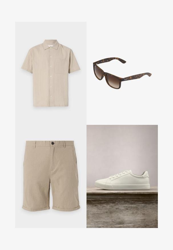 Kurzarmhemd aus leicht beigem Stoff mit strukturiertem Muster, Knopfverschluss und aufgesetzter Tasche auf der linken Brustseite. Klassisches Kragen-Design.; Beige Leinen-Shorts mit Knopfverschluss, flacher Front, Seitentaschen und umgeschlagenen Säumen, die aus einem strukturierten Stoff für Atmungsaktivität bestehen.; Weiße Schnürsneaker, die über einer Holzbank mit grünem Laub im Hintergrund schweben und das Schuhdesign sowie die Textur zeigen.; Schildpatt-Sonnenbrille mit braunen Verlaufslinsen, rechteckiger Form, dicken Rahmen und einem silbernen Logo-Akzent an der Seite.