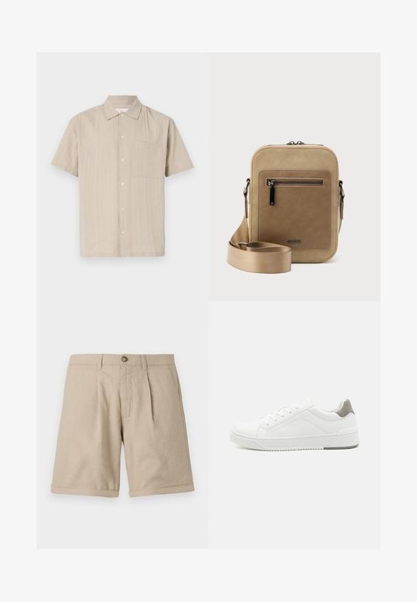 Camisa de manga corta en tejido beige claro con un patrón texturizado, cierre de botones y bolsillo de parche en el lado izquierdo del pecho. Diseño de cuello clásico.; Pantalones cortos de lino beige con corte recto, que presentan pinzas delanteras, cierre de botón y detalles de dobladillo vuelto. Textura suave con diseño minimalista.; Zapatilla blanca con material de cuero liso, punta redonda, diseño minimalista, acento gris en el talón y suela de goma texturizada.; Bolso pequeño beige tipo bandolera con bolsillo frontal con cremallera, logo metálico de ALDO, correa ancha ajustable y forma rectangular redondeada sobre fondo blanco.