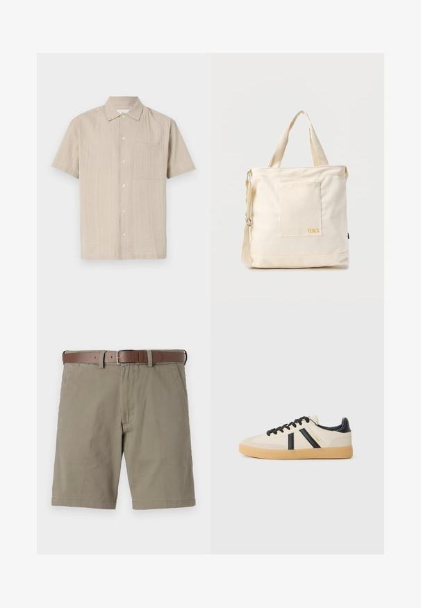 Kortærmet skjorte i lyse beige stof med et struktureret mønster, knaplukning og brystlomme på venstre side. Klassisk kravedesign.; Beige shorts med løs pasform, lavet af bomuldsstof. Har et brunt læderbælte, forlommer og en ren kantfinish.; Casual sneakers i creme med sorte striber, med en tekstureret overdel og sål i gummigummi. Snørebåndene er sorte. Diskret logo på siden.; Kremfarvet lærredstote-taske med frontlomme, to håndtag, justerbar skulderrem og lille gul "O.N.S" tekst i nederste højre hjørne af lommen.
